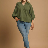 Textured Notched Balloon Sleeve Blouse-Blouses-Trendsi-[option4]-[option5]-[option6]-[option7]-[option8]-Shop-Boutique-Clothing-for-Women-Online