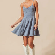 SO ME A Line Fit and Flare Denim Mini Dress-Dresses-Trendsi-[option4]-[option5]-[option6]-[option7]-[option8]-Shop-Boutique-Clothing-for-Women-Online