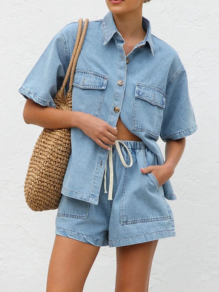 Button Up Short Sleeve Top and Shorts Denim Set-Sets-Trendsi-[option4]-[option5]-[option6]-[option7]-[option8]-Shop-Boutique-Clothing-for-Women-Online