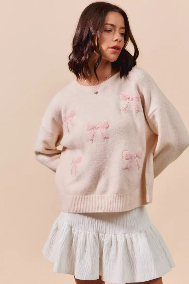 SO ME Embroidered Ribbon Round Neck Sweater-Sweaters-Trendsi-[option4]-[option5]-[option6]-[option7]-[option8]-Shop-Boutique-Clothing-for-Women-Online