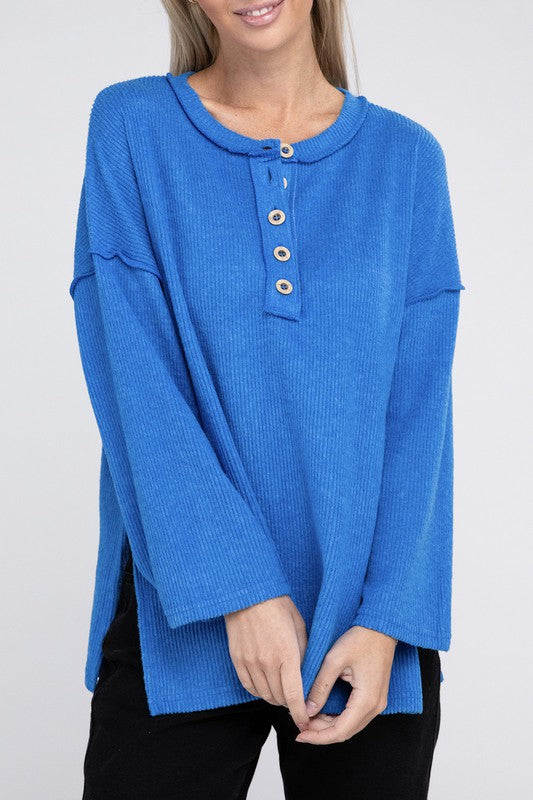 Zenana Ribbed Brushed Melange Hacci Henley Sweater-ZENANA-OCEAN BLUE-S-[option4]-[option5]-[option6]-[option7]-[option8]-Shop-Boutique-Clothing-for-Women-Online