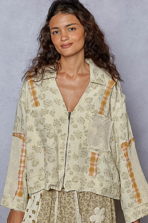 POL Raw Hem Zip Up Floral Jacket with Plaid and Crochet Patch-Jacket-Trendsi-[option4]-[option5]-[option6]-[option7]-[option8]-Shop-Boutique-Clothing-for-Women-Online