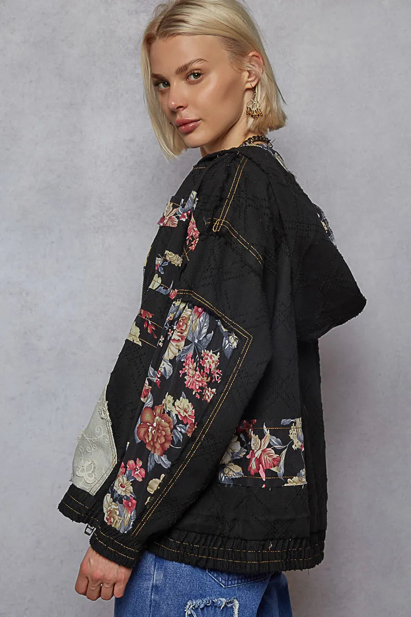 POL Zip Up Floral and Lace Patch Washed Jacket-Jacket-Trendsi-[option4]-[option5]-[option6]-[option7]-[option8]-Shop-Boutique-Clothing-for-Women-Online