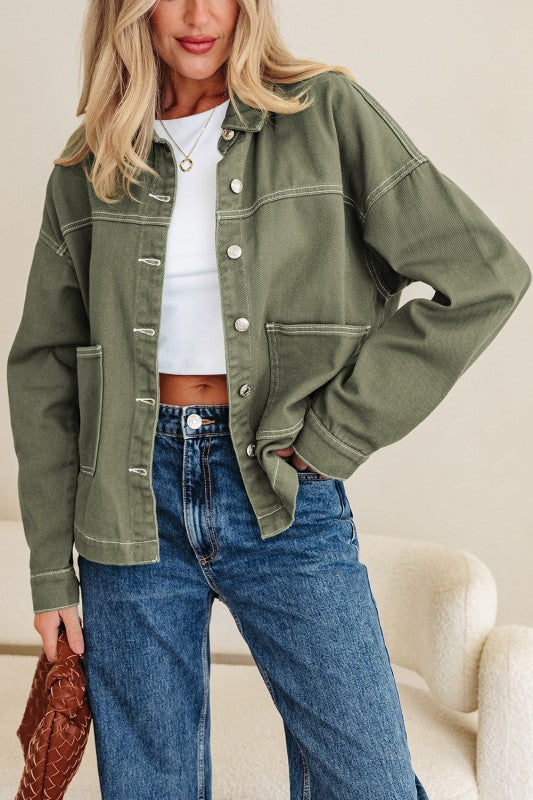 Denim Button-Up Patch Pocket Collared Jacket-JUNIPER BLVD-[option4]-[option5]-[option6]-[option7]-[option8]-Shop-Boutique-Clothing-for-Women-Online