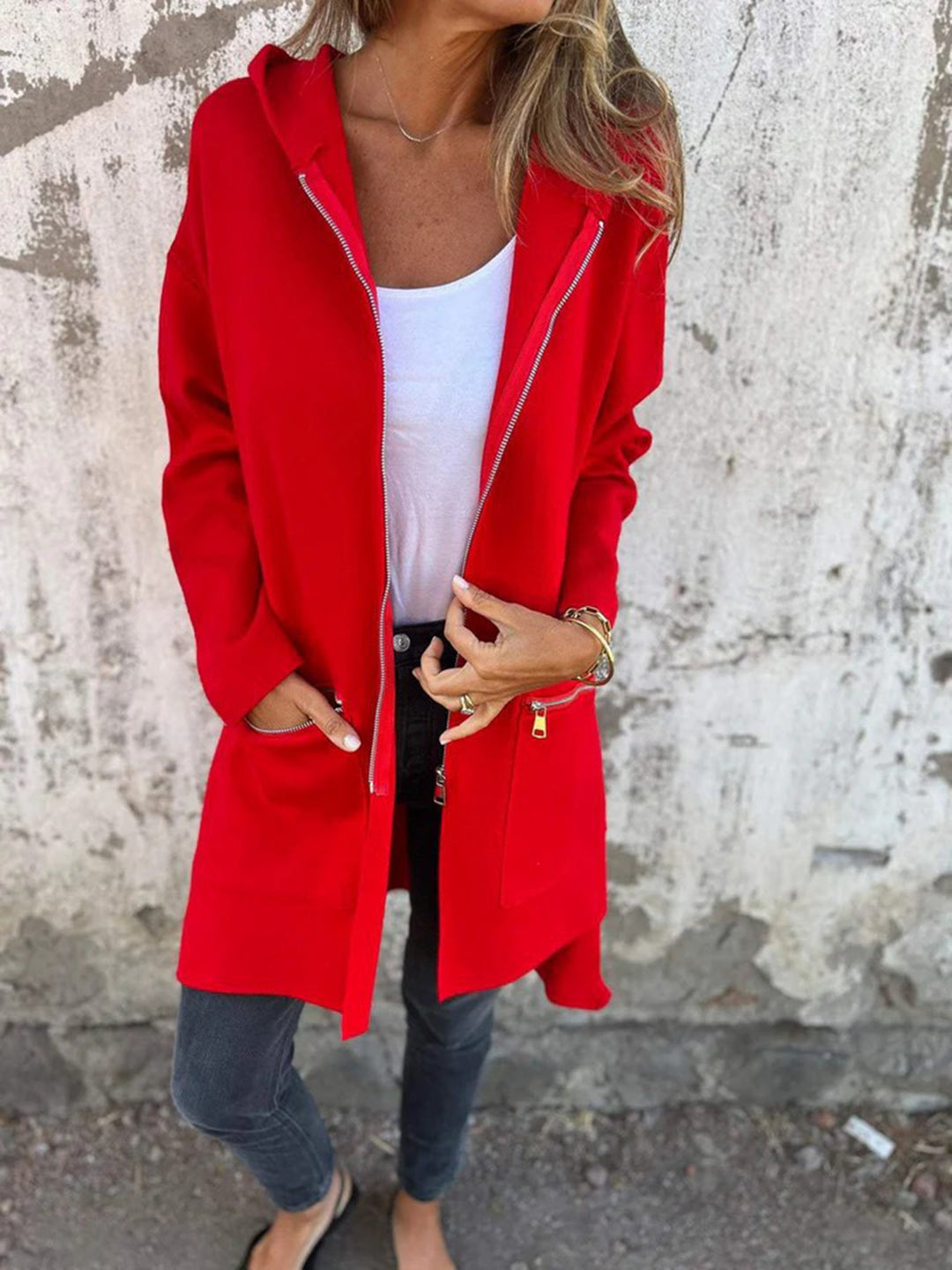 Zip Up Drop Shoulder Longline Hooded Jacket-Trendsi-Red-S-[option4]-[option5]-[option6]-[option7]-[option8]-Shop-Boutique-Clothing-for-Women-Online