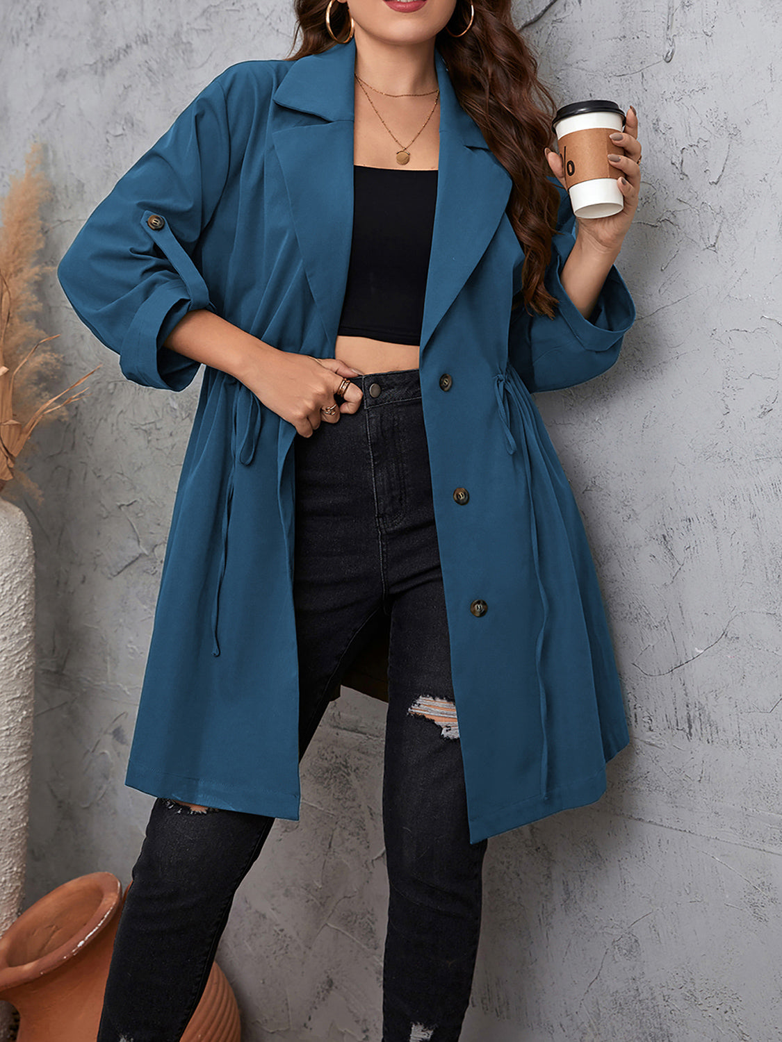 Honey Plus Size Lapel Collar Drawstring Roll-Tab Sleeve Trench Coat-Coats & Jackets-Trendsi-[option4]-[option5]-[option6]-[option7]-[option8]-Shop-Boutique-Clothing-for-Women-Online