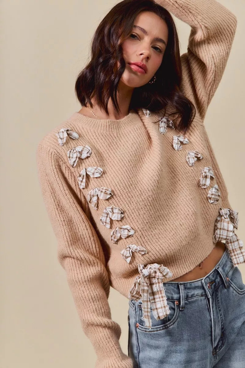 SO ME Checkered Plaid Tape Lace Up Ribbed Sweater-Sweaters-Trendsi-[option4]-[option5]-[option6]-[option7]-[option8]-Shop-Boutique-Clothing-for-Women-Online