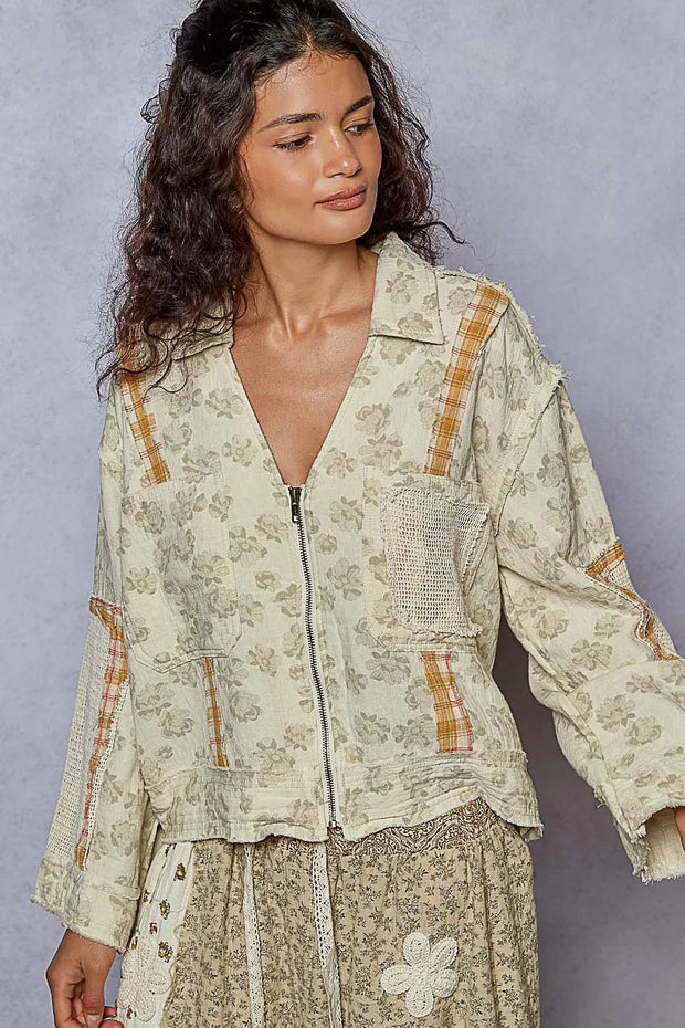POL Raw Hem Zip Up Floral Jacket with Plaid and Crochet Patch-Jacket-Trendsi-[option4]-[option5]-[option6]-[option7]-[option8]-Shop-Boutique-Clothing-for-Women-Online