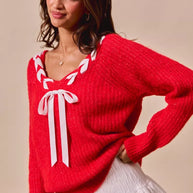 SO ME Satin Tape Braided Ribbon Tie V Neck Sweater-Sweaters-Trendsi-[option4]-[option5]-[option6]-[option7]-[option8]-Shop-Boutique-Clothing-for-Women-Online