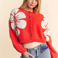 Davi & Dani Flower Contrast Round Neck Long Sleeve Cardigan-cardigan-Trendsi-[option4]-[option5]-[option6]-[option7]-[option8]-Shop-Boutique-Clothing-for-Women-Online