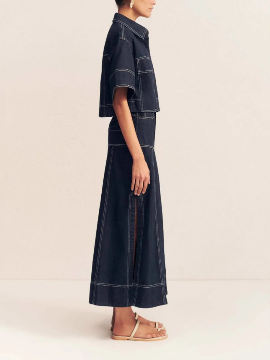 High-Waist Side Slit Contrast Stitch Denim Maxi Skirt-Skirts-Trendsi-[option4]-[option5]-[option6]-[option7]-[option8]-Shop-Boutique-Clothing-for-Women-Online