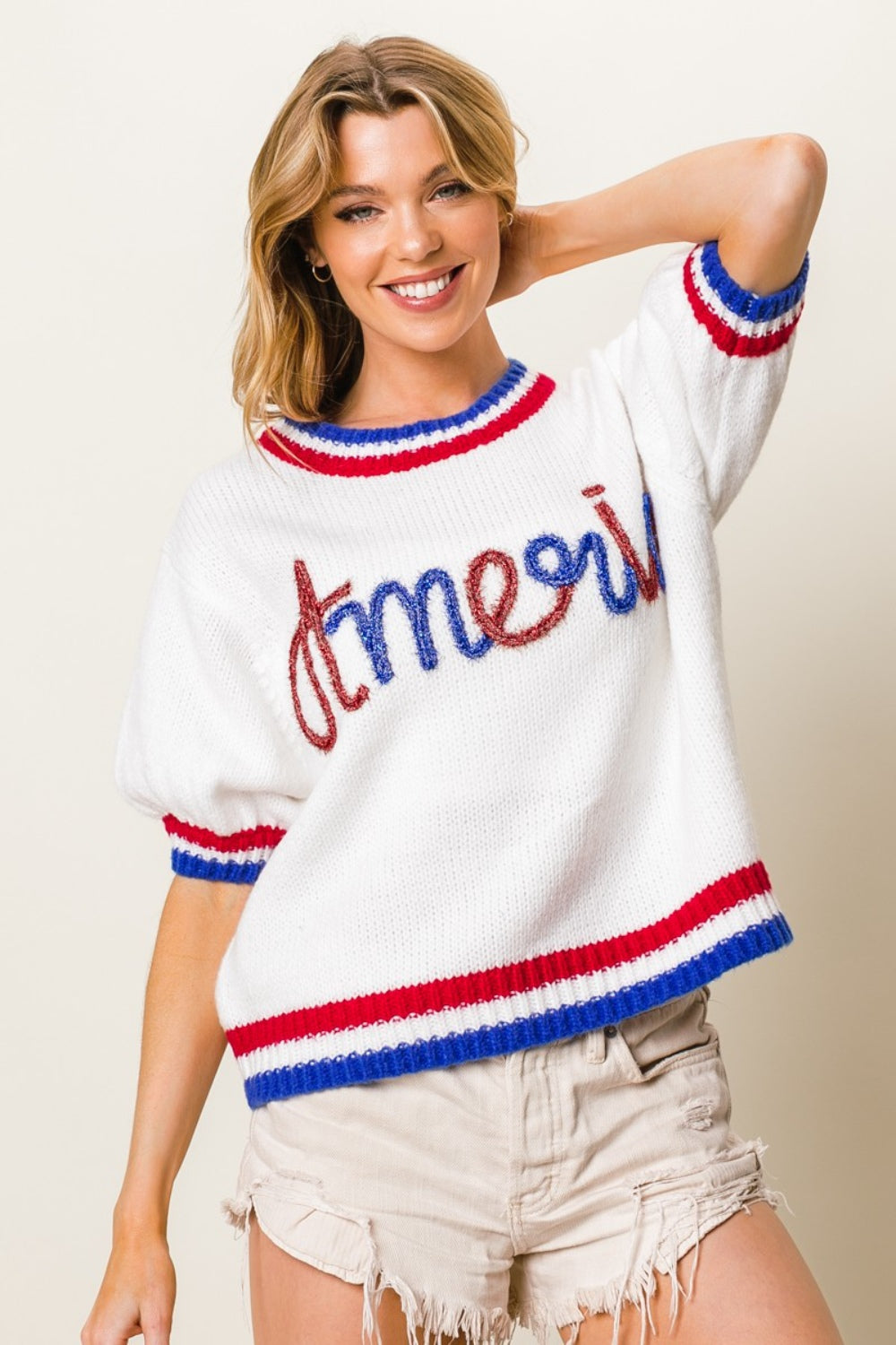 BiBi Metallic America Letter Short Sleeve Sweater-Trendsi-Ivory-S-[option4]-[option5]-[option6]-[option7]-[option8]-Shop-Boutique-Clothing-for-Women-Online