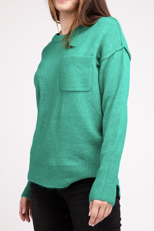 Zenana MELANGE HI-LOW HEM ROUND NECK SWEATER-ZENANA-H K GREEN-S/M-[option4]-[option5]-[option6]-[option7]-[option8]-Shop-Boutique-Clothing-for-Women-Online