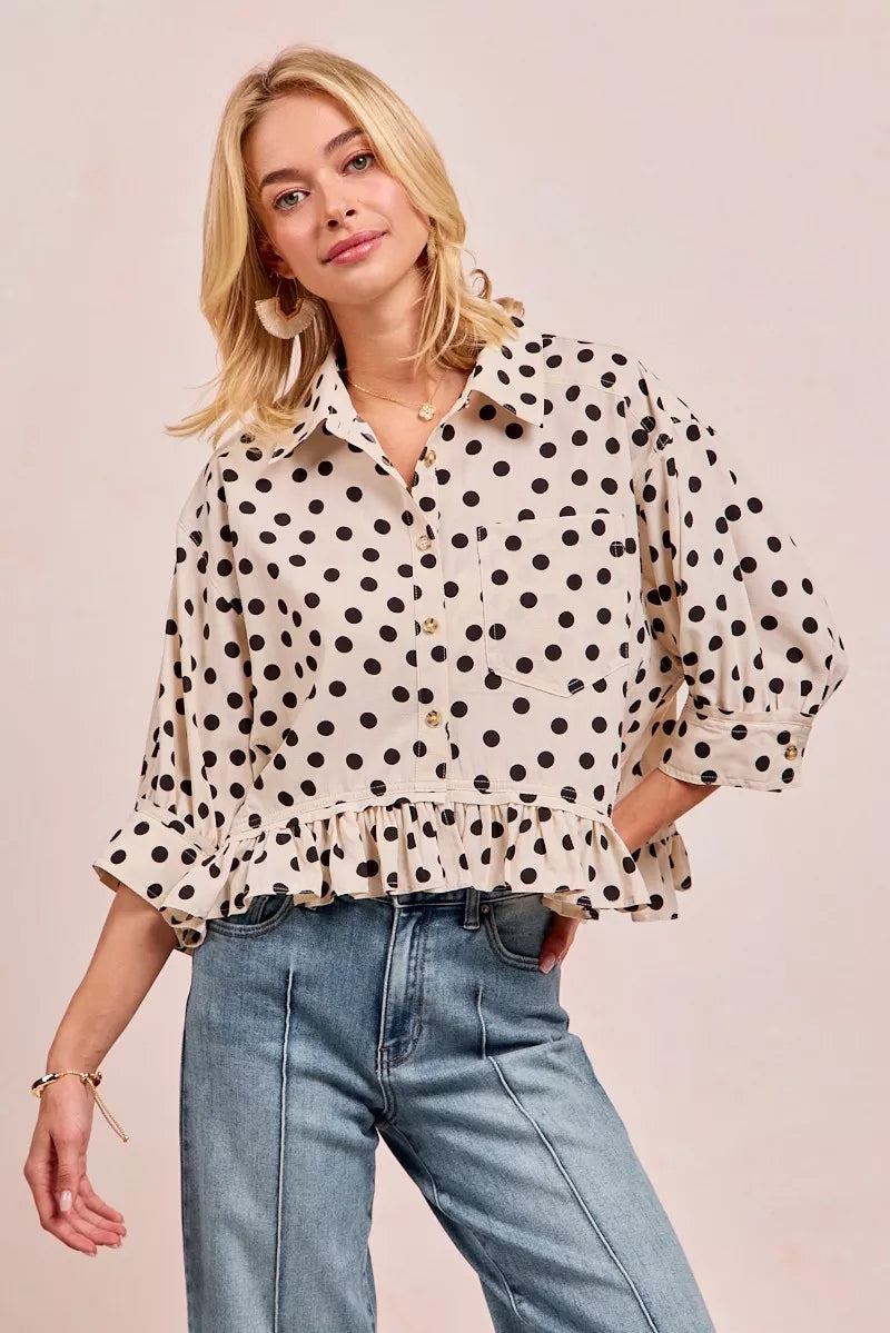 BiBi Polka Dot Printed Peplum Top with Front Button-Blouses-Trendsi-[option4]-[option5]-[option6]-[option7]-[option8]-Shop-Boutique-Clothing-for-Women-Online