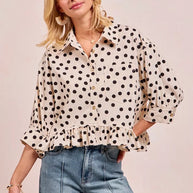 BiBi Polka Dot Printed Peplum Top with Front Button-Blouses-Trendsi-[option4]-[option5]-[option6]-[option7]-[option8]-Shop-Boutique-Clothing-for-Women-Online