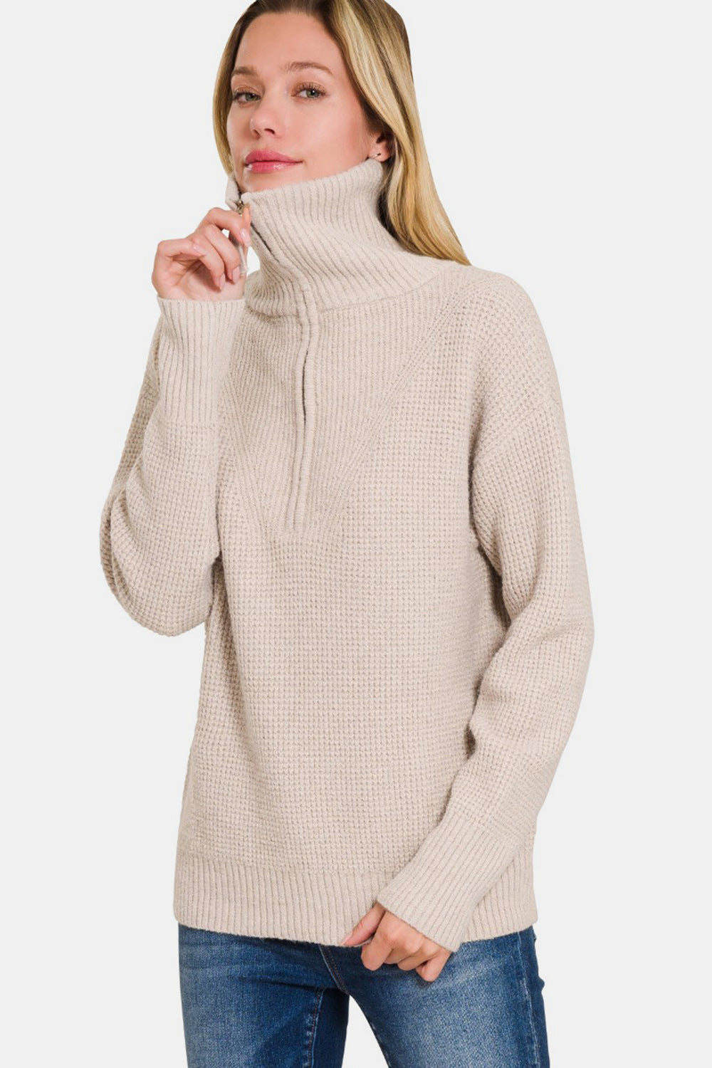 Zenana Half Zip Long Sleeve Sweater-Trendsi-Mocha-S-[option4]-[option5]-[option6]-[option7]-[option8]-Shop-Boutique-Clothing-for-Women-Online