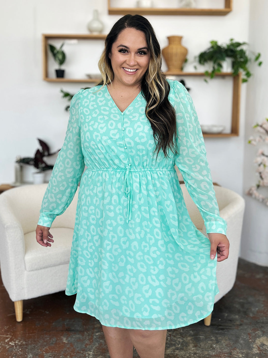 Double Take Printed Ruched V-Neck Long Sleeve Dress-Trendsi-Light Green-S-[option4]-[option5]-[option6]-[option7]-[option8]-Shop-Boutique-Clothing-for-Women-Online