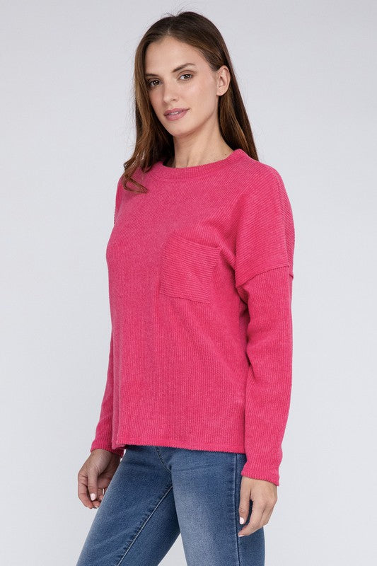 Zenana Ribbed Brushed Melange Hacci Sweater with a Pocket-ZENANA-[option4]-[option5]-[option6]-[option7]-[option8]-Shop-Boutique-Clothing-for-Women-Online