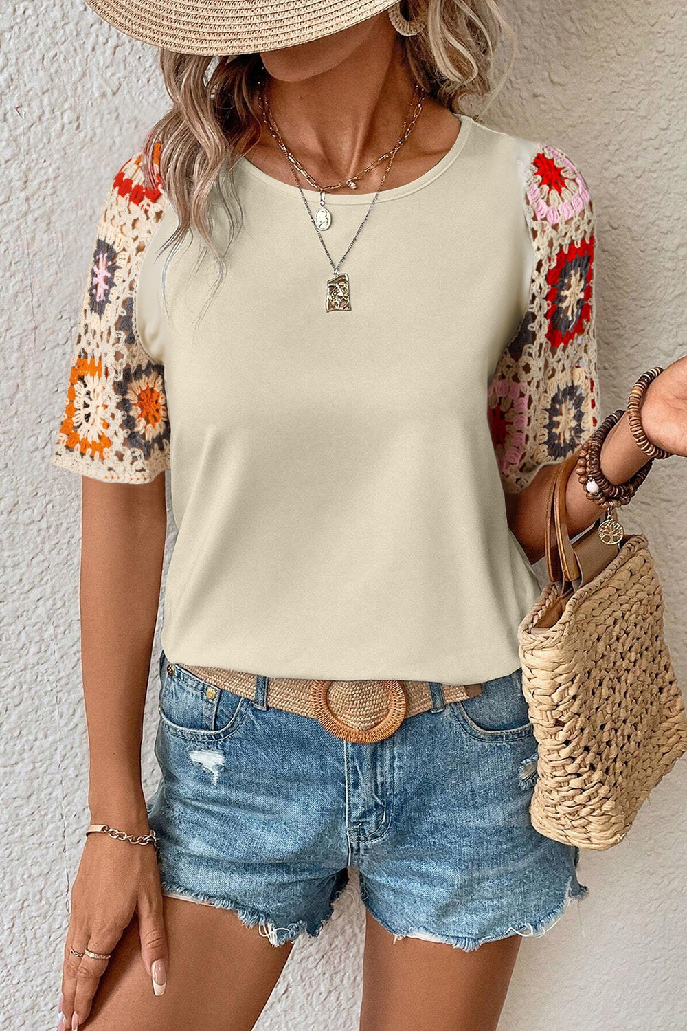 Crochet Sleeve Round Neck Short Sleeve Top-Trendsi-Ivory-S-[option4]-[option5]-[option6]-[option7]-[option8]-Shop-Boutique-Clothing-for-Women-Online