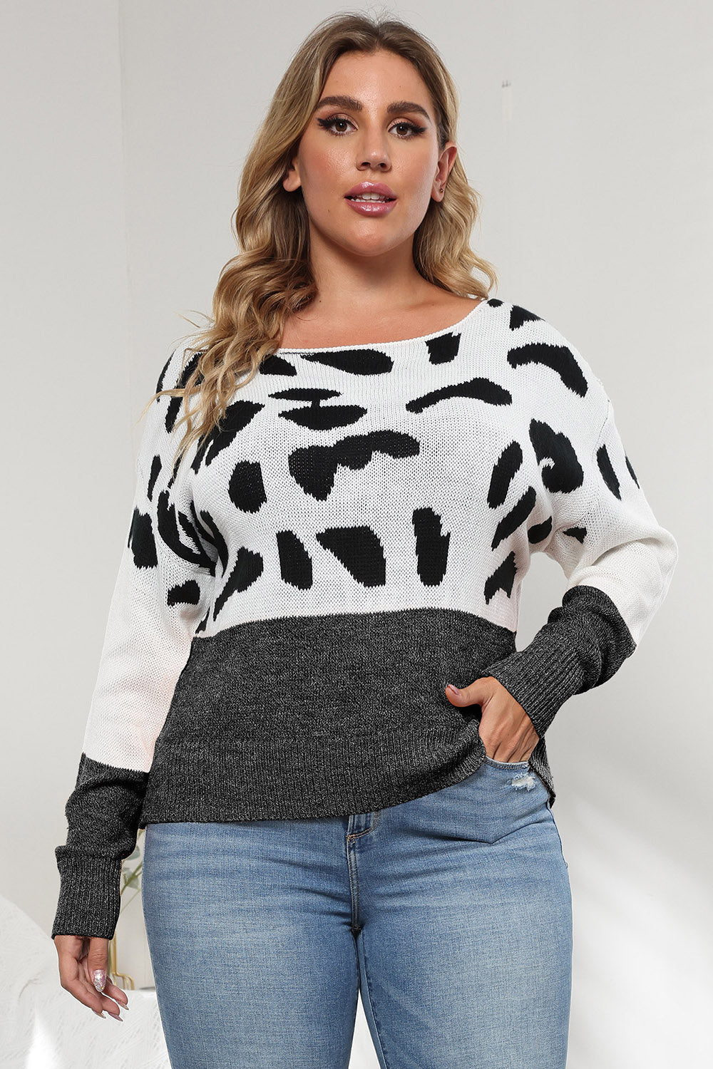 Plus Size Leopard Round Neck Long Sleeve Sweater-Sweaters-Trendsi-[option4]-[option5]-[option6]-[option7]-[option8]-Shop-Boutique-Clothing-for-Women-Online