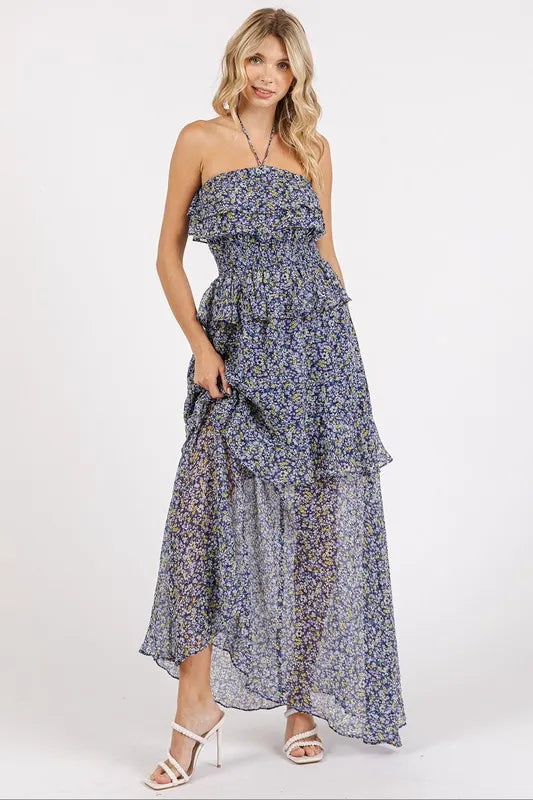 Mittoshop Ruffled Smocked Floral Halter Neck Maxi Dress-Dresses-Trendsi-[option4]-[option5]-[option6]-[option7]-[option8]-Shop-Boutique-Clothing-for-Women-Online