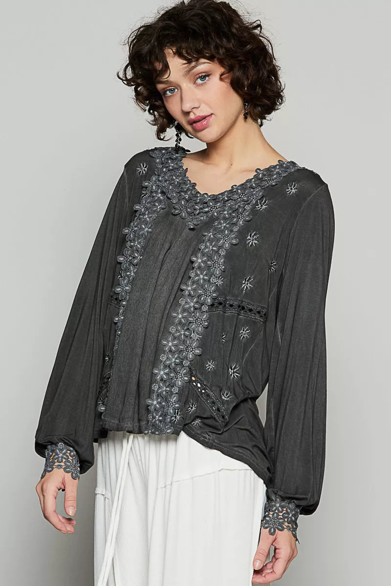 POL Floral Embroidery Woven Top with Lace Trim-Blouses-Trendsi-Black-S-[option4]-[option5]-[option6]-[option7]-[option8]-Shop-Boutique-Clothing-for-Women-Online