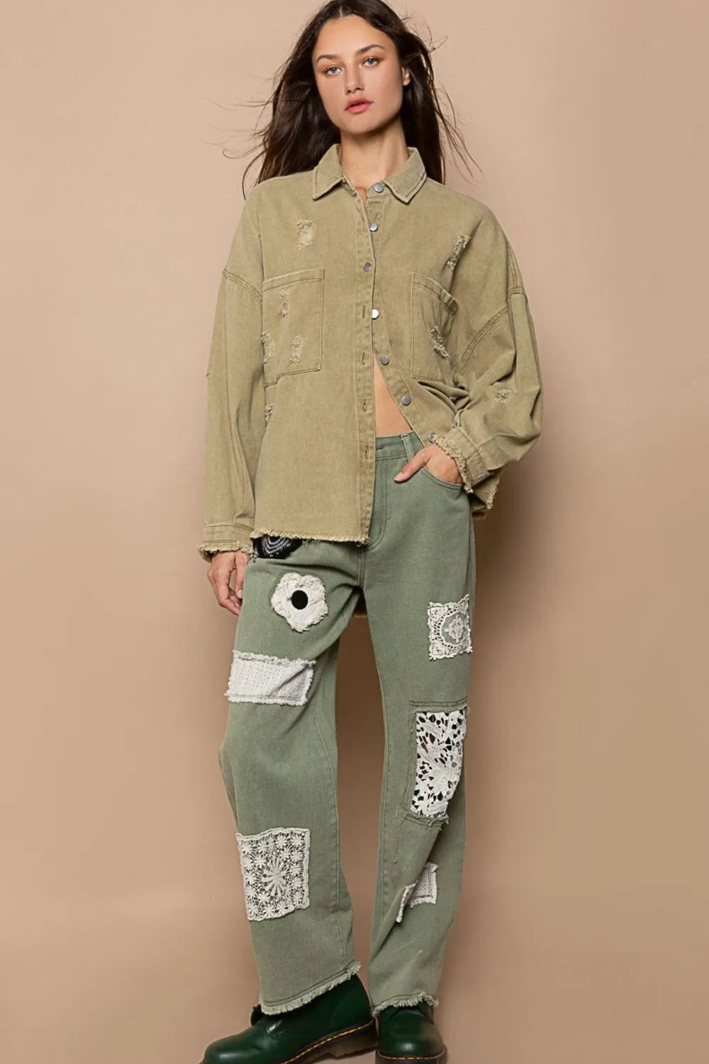 POL Button Down Raw Hem Distressed Shacket-Womens Outerwear/Shacket-Trendsi-[option4]-[option5]-[option6]-[option7]-[option8]-Shop-Boutique-Clothing-for-Women-Online