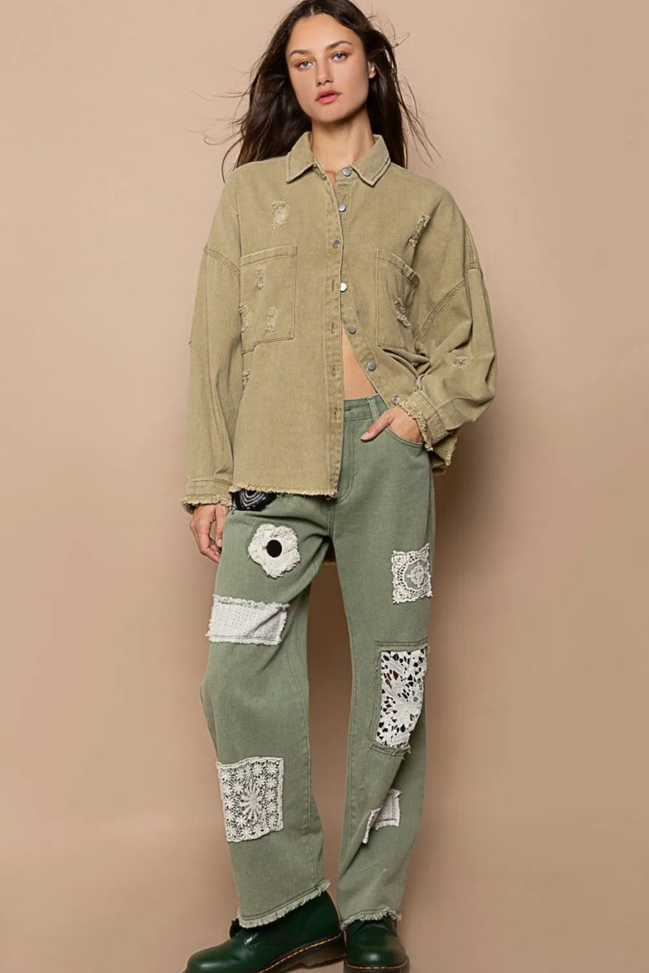 POL Button Down Raw Hem Distressed Shacket-Womens Outerwear/Shacket-Trendsi-[option4]-[option5]-[option6]-[option7]-[option8]-Shop-Boutique-Clothing-for-Women-Online