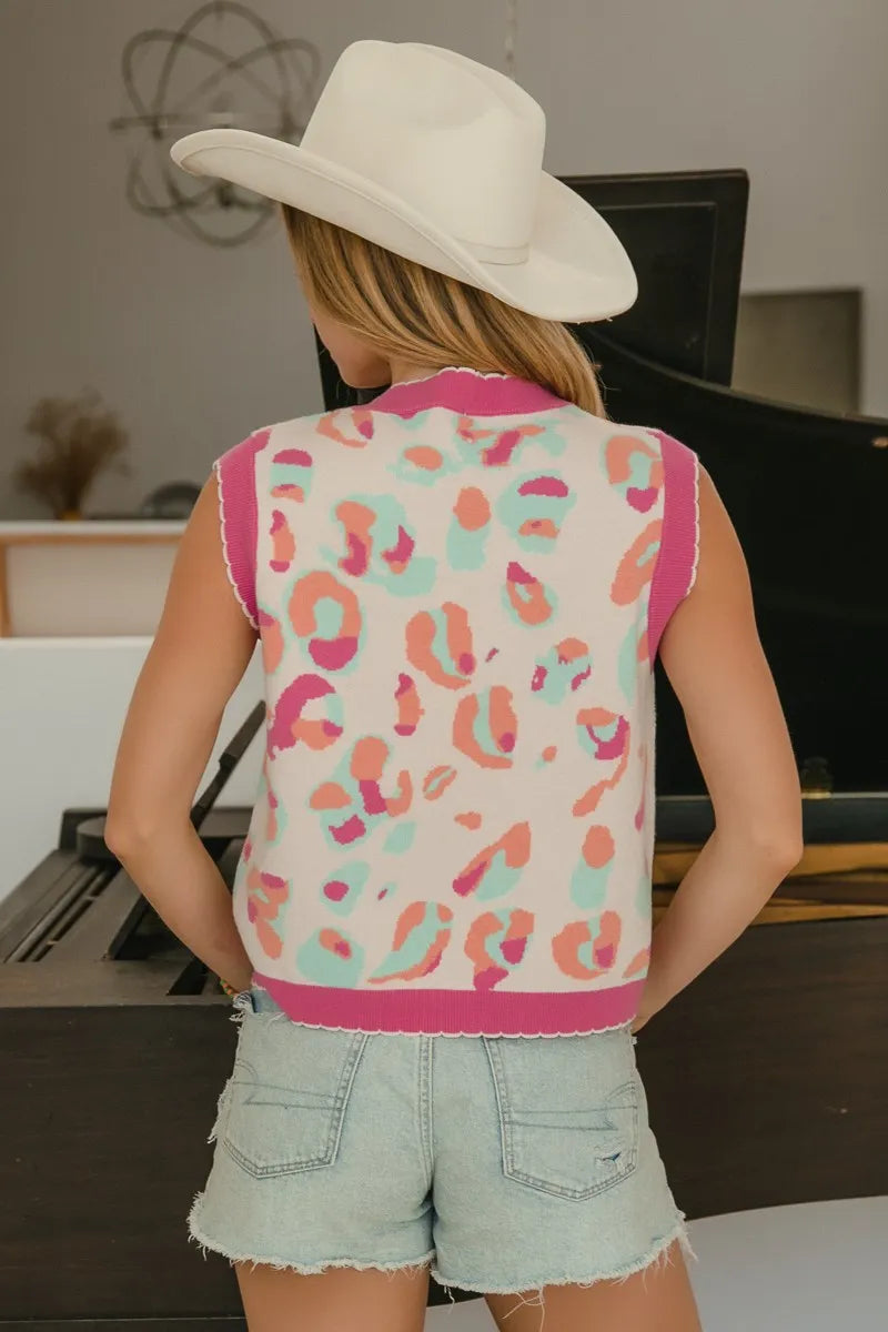 BiBi Leopard Sweater Vest With Front Tie and Scallop Detail-Trendsi-[option4]-[option5]-[option6]-[option7]-[option8]-Shop-Boutique-Clothing-for-Women-Online