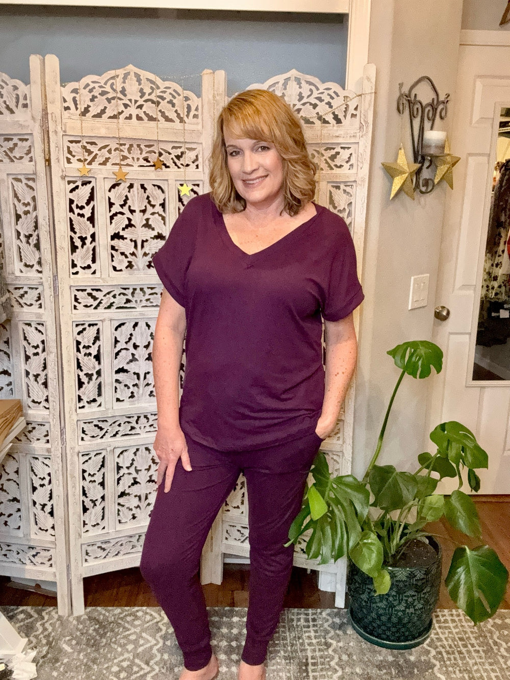 Shirley & Stone Krisie V-Neck Lounge Set - Plum-In Stock Shirley&amp;Stone-The Bee Chic Boutique-[option4]-[option5]-[option6]-[option7]-[option8]-Shop-Boutique-Clothing-for-Women-Online