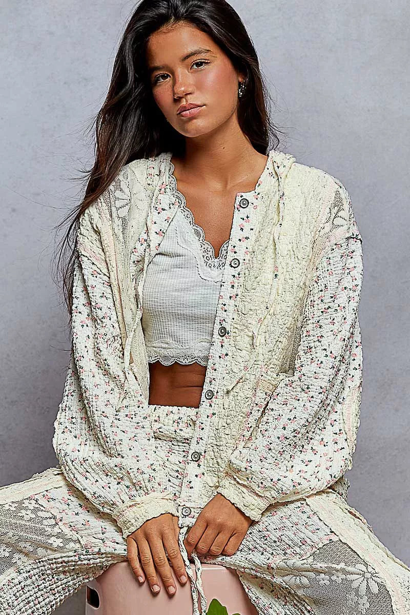 POL Floral Balloon Sleeve Hooded Lace Jacket with Stitch Detail-Jacket-Trendsi-[option4]-[option5]-[option6]-[option7]-[option8]-Shop-Boutique-Clothing-for-Women-Online