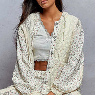 POL Floral Balloon Sleeve Hooded Lace Jacket with Stitch Detail-Jacket-Trendsi-[option4]-[option5]-[option6]-[option7]-[option8]-Shop-Boutique-Clothing-for-Women-Online