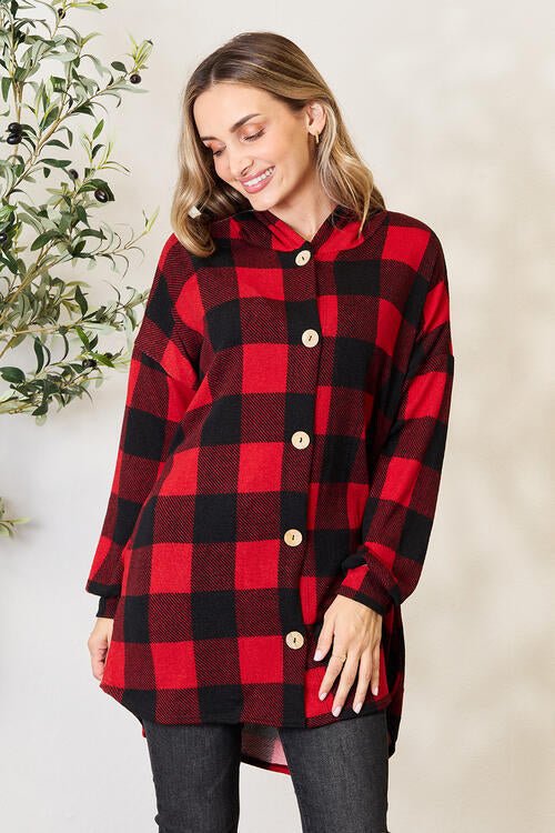Heimish Buffalo Plaid Button Front Hooded Lightweight Shacket-The Bee Chic Boutique-Black/Red-S-[option4]-[option5]-[option6]-[option7]-[option8]-Shop-Boutique-Clothing-for-Women-Online