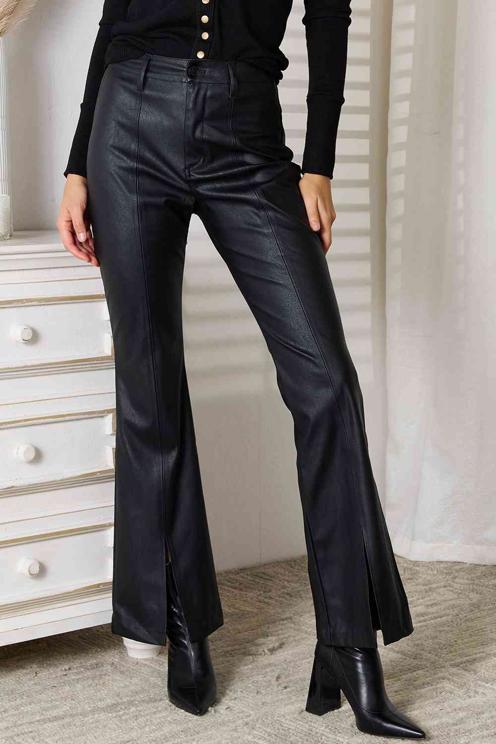 Kancan Slit Flare Leg Vegan Leather Pants-The Bee Chic Boutique-Black-0(23)-[option4]-[option5]-[option6]-[option7]-[option8]-Shop-Boutique-Clothing-for-Women-Online