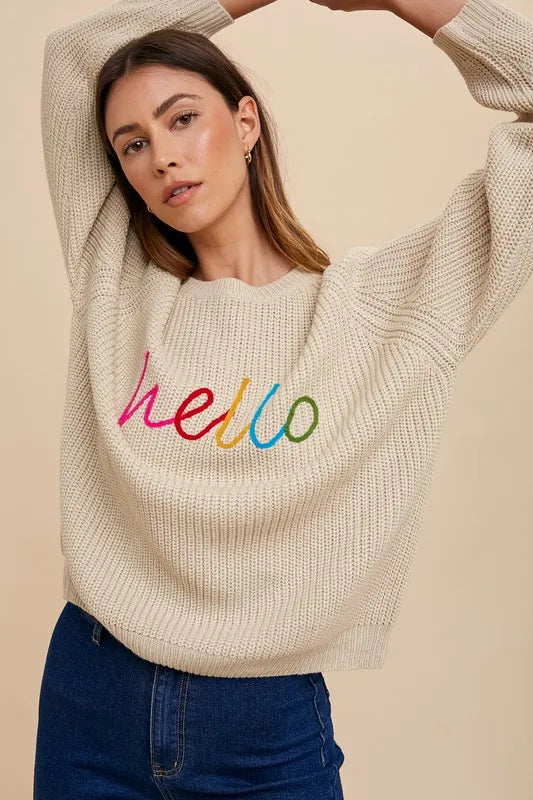 Annie Wear HELLO Embroidered Raglan Sleeve Sweater-Sweaters-Trendsi-[option4]-[option5]-[option6]-[option7]-[option8]-Shop-Boutique-Clothing-for-Women-Online