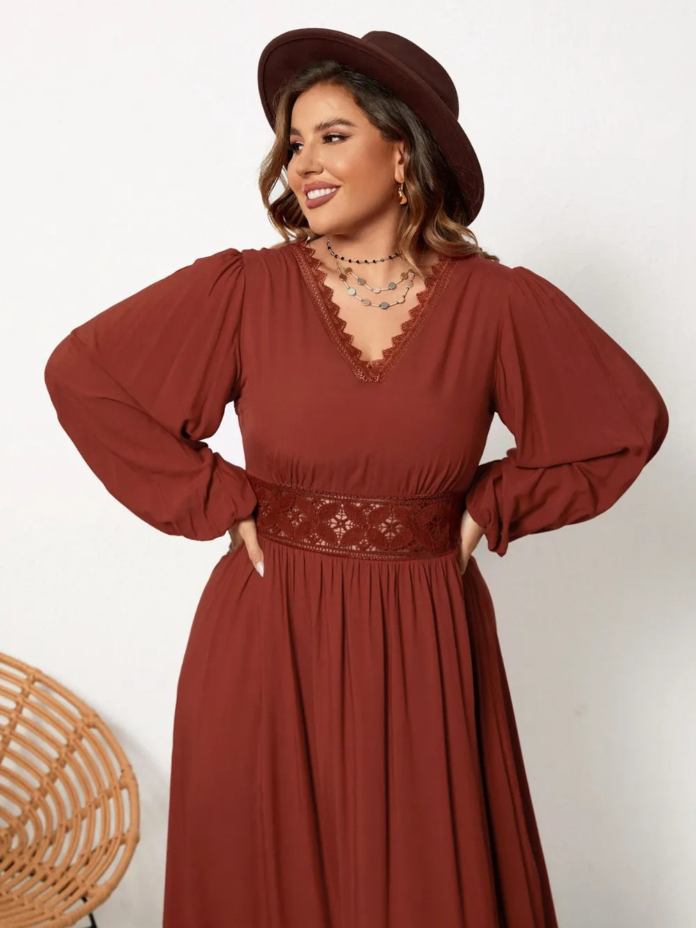 Plus Size Lace Detail V-Neck Balloon Sleeve Dress-Dresses-Trendsi-[option4]-[option5]-[option6]-[option7]-[option8]-Shop-Boutique-Clothing-for-Women-Online