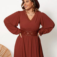 Plus Size Lace Detail V-Neck Balloon Sleeve Dress-Dresses-Trendsi-[option4]-[option5]-[option6]-[option7]-[option8]-Shop-Boutique-Clothing-for-Women-Online