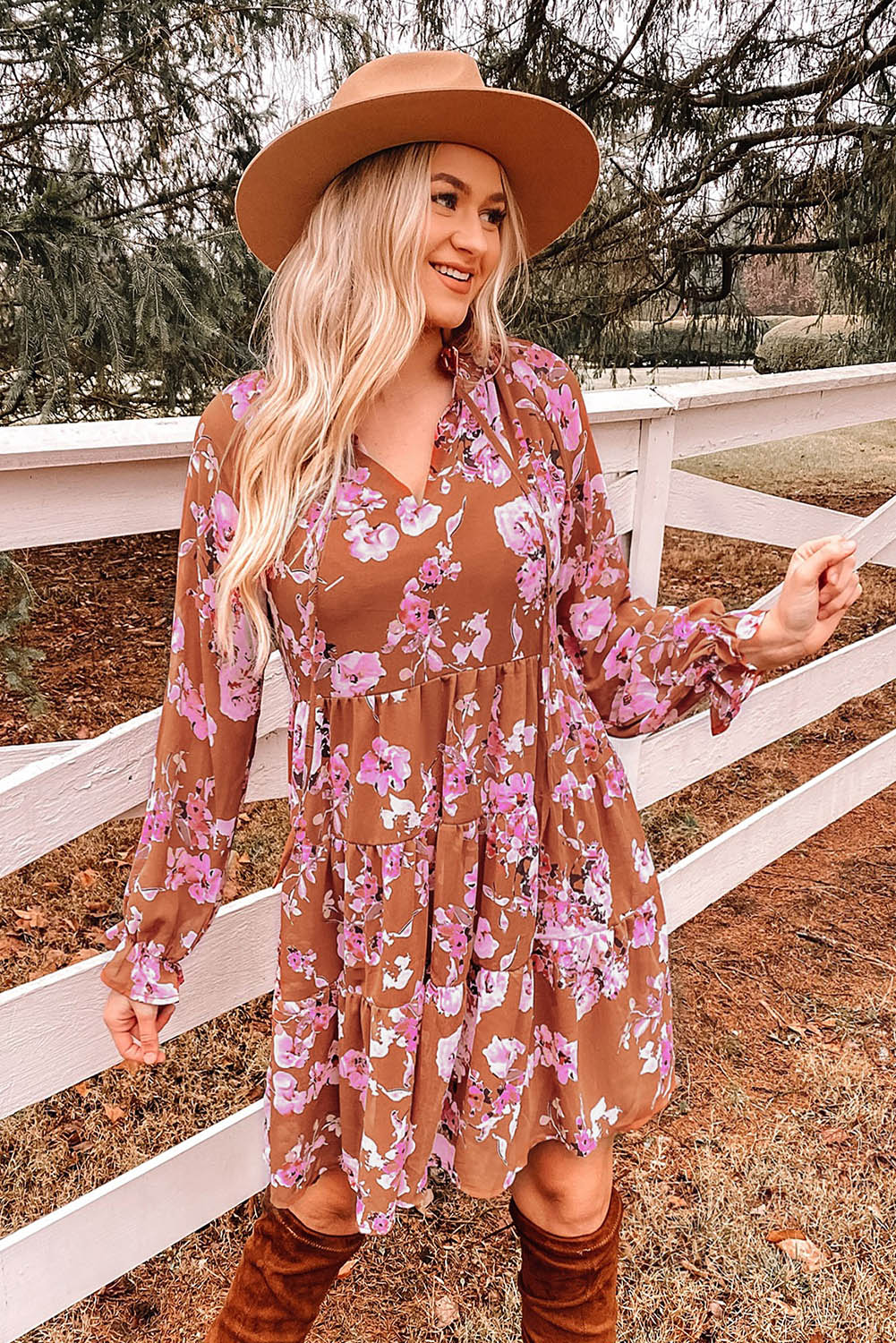 Fall Floral Flounce Sleeve Tiered Dress-The Bee Chic Boutique-Floral-S-[option4]-[option5]-[option6]-[option7]-[option8]-Shop-Boutique-Clothing-for-Women-Online