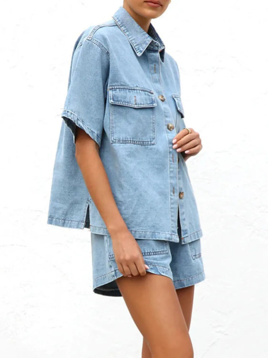 Button Up Short Sleeve Top and Shorts Denim Set-Sets-Trendsi-[option4]-[option5]-[option6]-[option7]-[option8]-Shop-Boutique-Clothing-for-Women-Online