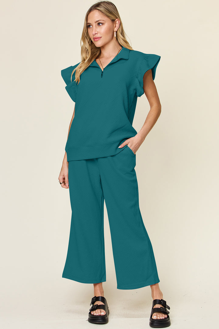 Double Take Texture Ruffle Short Sleeve Top and Drawstring Wide Leg Pants Set-Trendsi-Deep Teal-S-[option4]-[option5]-[option6]-[option7]-[option8]-Shop-Boutique-Clothing-for-Women-Online