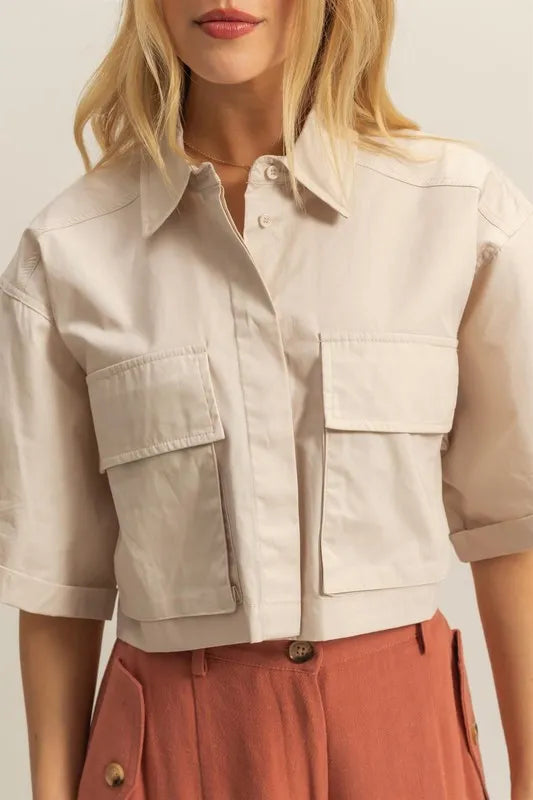 HYFVE Front Pockets Poplin Collared Neck Crop Shirt-Crop Tops-Trendsi-[option4]-[option5]-[option6]-[option7]-[option8]-Shop-Boutique-Clothing-for-Women-Online