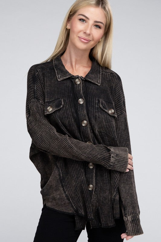 Zenana Acid Wash Oversized Cotton Waffle Shacket-ZENANA-[option4]-[option5]-[option6]-[option7]-[option8]-Shop-Boutique-Clothing-for-Women-Online