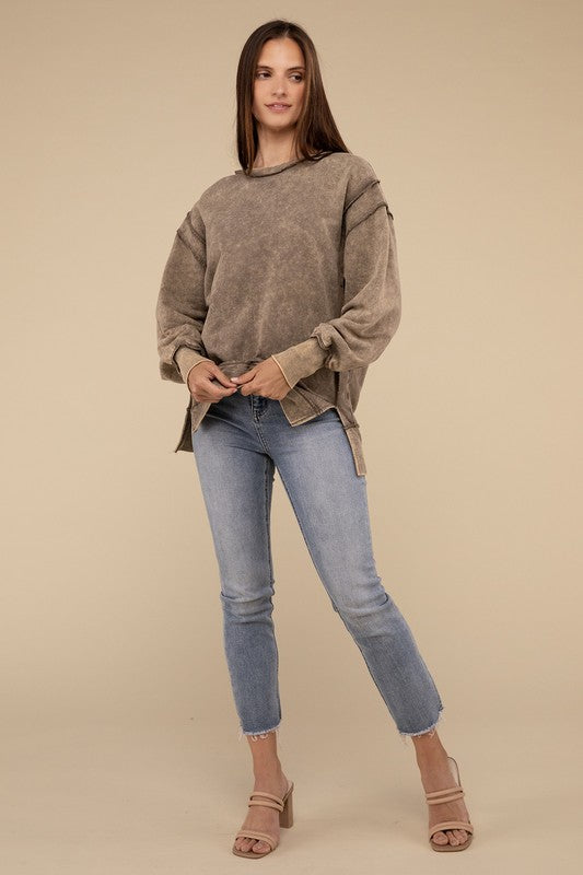 Zenana Acid Wash French Terry Exposed-Seam Sweatshirt-ZENANA-[option4]-[option5]-[option6]-[option7]-[option8]-Shop-Boutique-Clothing-for-Women-Online