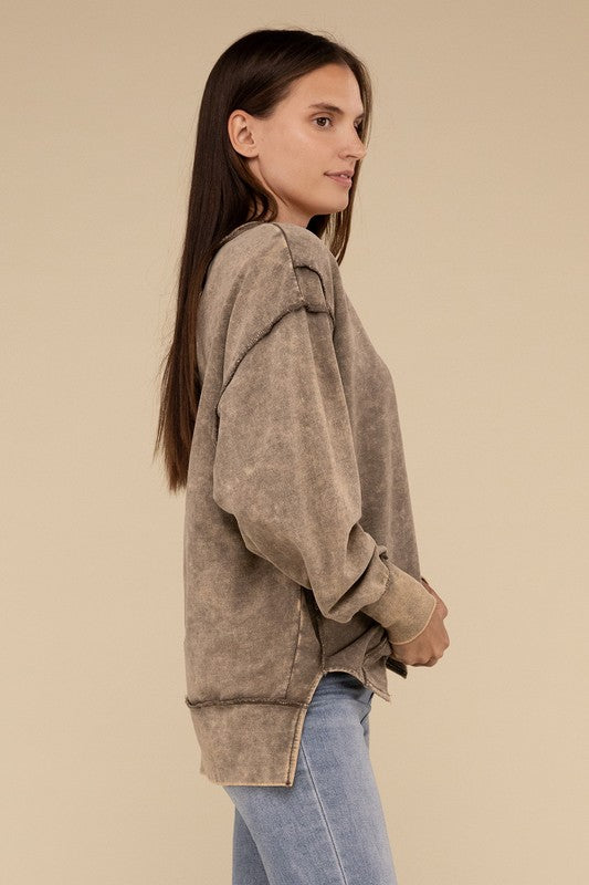 Zenana Acid Wash French Terry Exposed-Seam Sweatshirt-ZENANA-[option4]-[option5]-[option6]-[option7]-[option8]-Shop-Boutique-Clothing-for-Women-Online