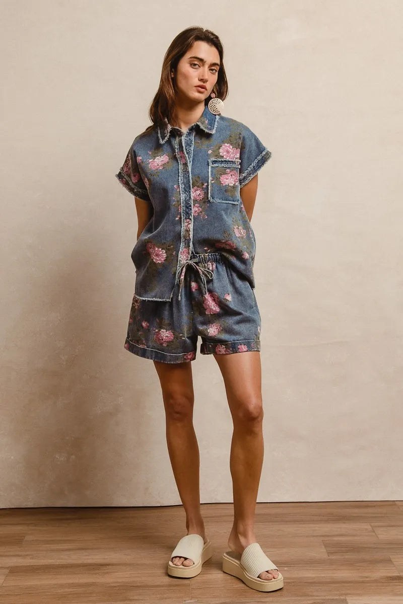 BiBi Floral Printed Denim Short Pants With Pocket-Shorts-Trendsi-[option4]-[option5]-[option6]-[option7]-[option8]-Shop-Boutique-Clothing-for-Women-Online