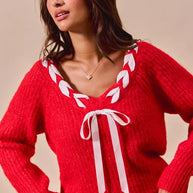 SO ME Satin Tape Braided Ribbon Tie V Neck Sweater-Sweaters-Trendsi-[option4]-[option5]-[option6]-[option7]-[option8]-Shop-Boutique-Clothing-for-Women-Online