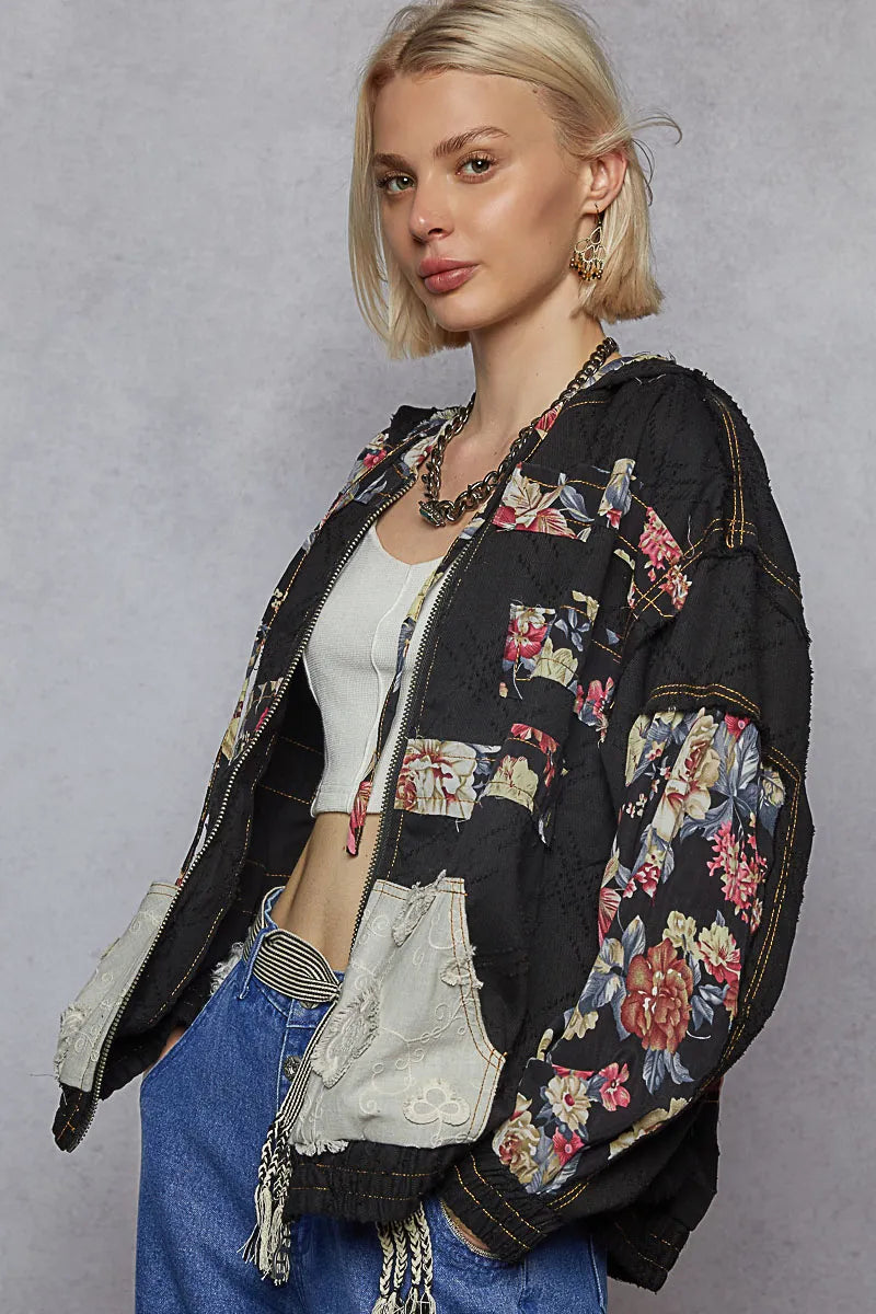 POL Zip Up Floral and Lace Patch Washed Jacket-Jacket-Trendsi-[option4]-[option5]-[option6]-[option7]-[option8]-Shop-Boutique-Clothing-for-Women-Online