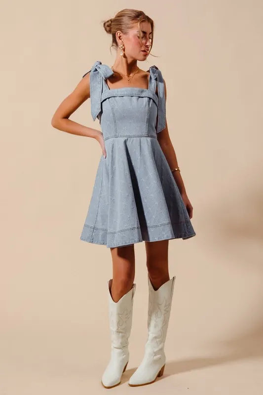 SO ME A Line Fit and Flare Diamond Bow Ribbon Denim Dres-Dresses-Trendsi-[option4]-[option5]-[option6]-[option7]-[option8]-Shop-Boutique-Clothing-for-Women-Online