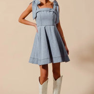 SO ME A Line Fit and Flare Diamond Bow Ribbon Denim Dres-Dresses-Trendsi-[option4]-[option5]-[option6]-[option7]-[option8]-Shop-Boutique-Clothing-for-Women-Online
