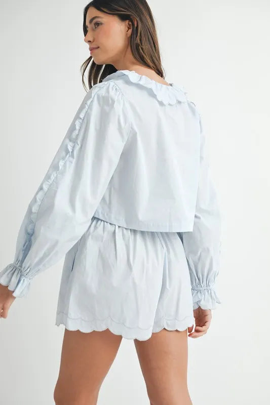 MABLE Long Sleeve Scallop Blouse and Shorts Set-Two Piece Shorts Sets-Trendsi-[option4]-[option5]-[option6]-[option7]-[option8]-Shop-Boutique-Clothing-for-Women-Online